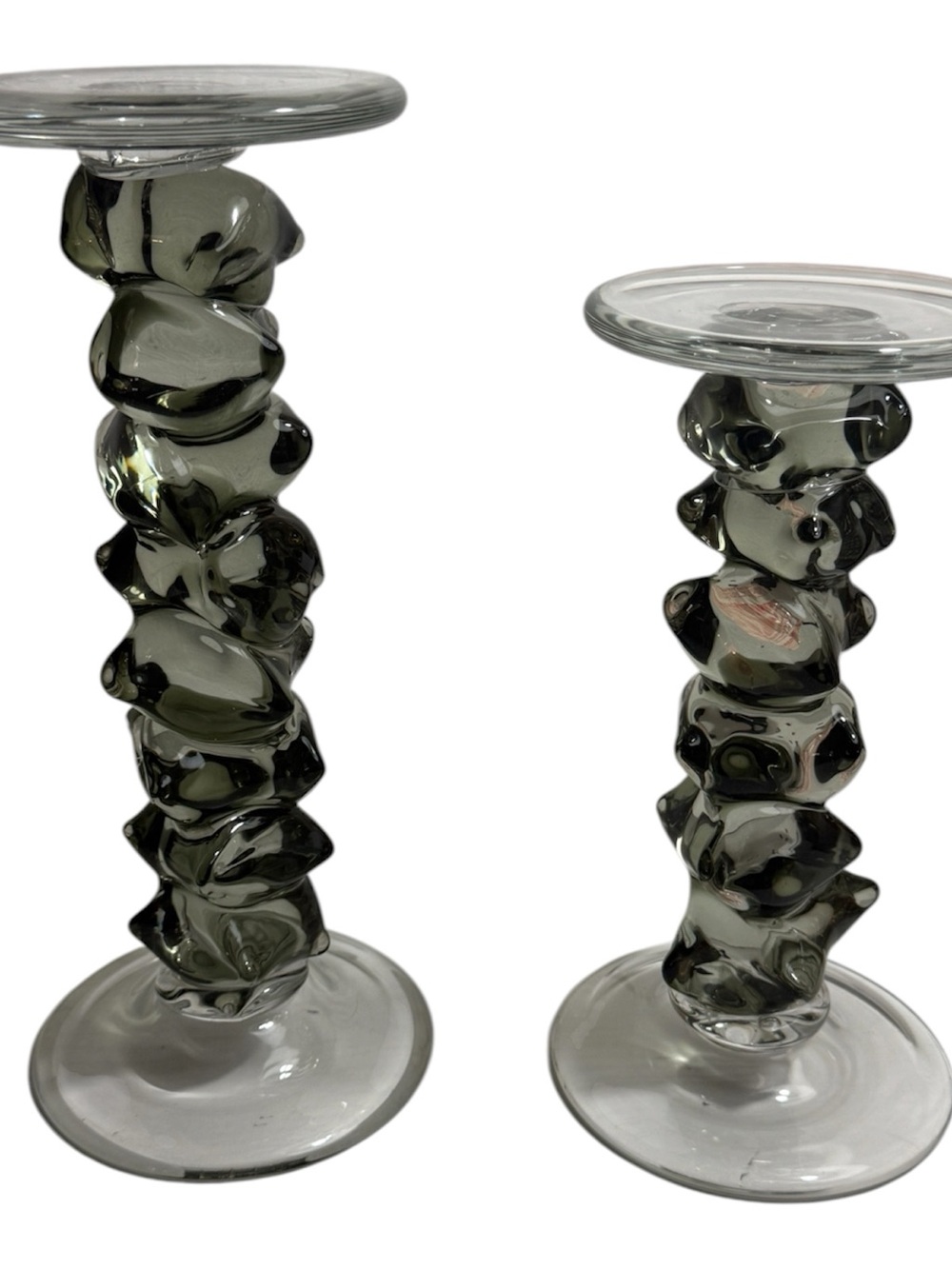 Smoky Glass Sculptural Candlestick Set — Modern Gray Home Accent